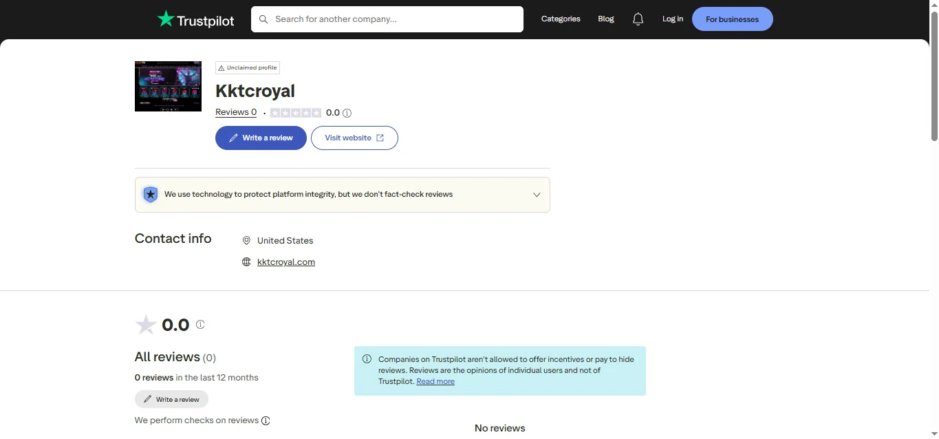 Screenshot of KKTC Royal's Trustpilot rating overview