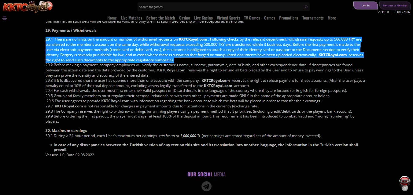 Screenshot of KKTC Royal's withdrawal section and limits