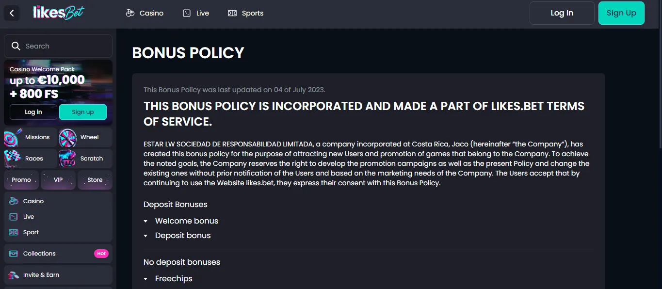 Screenshot of LikesBet's bonus terms and wagering requirements