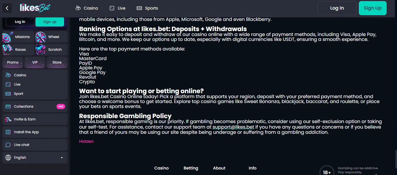 Screenshot of LikesBet's cashier and payment methods