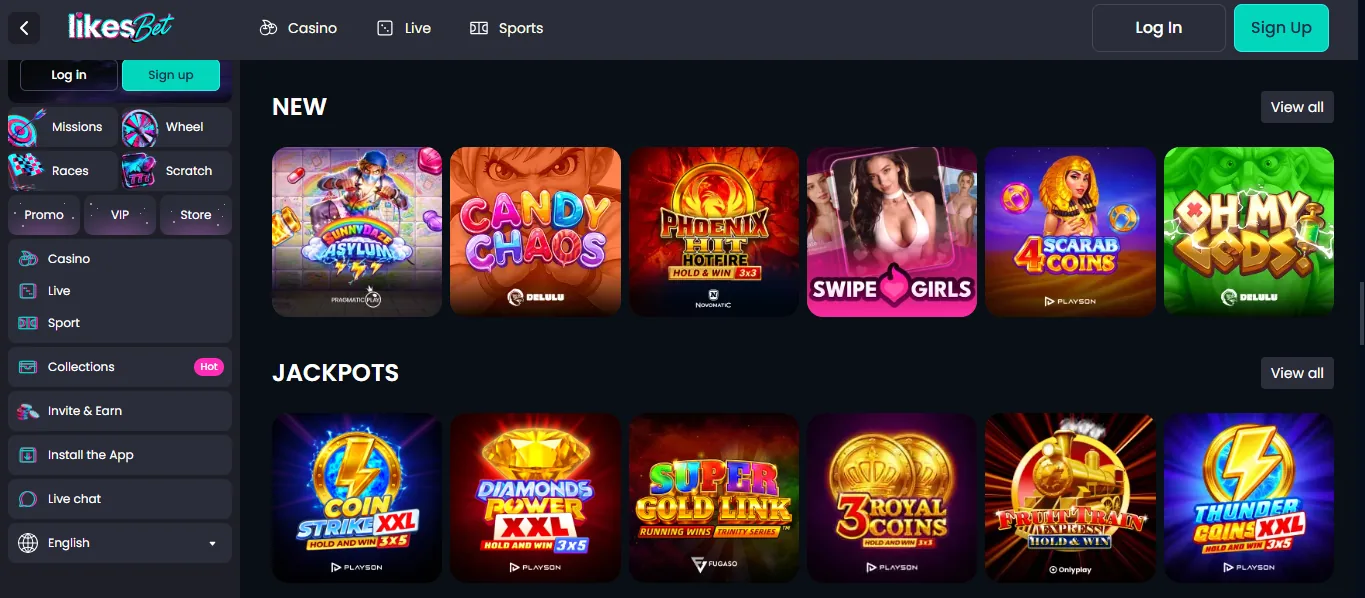 Screenshot of LikesBet's games lobby