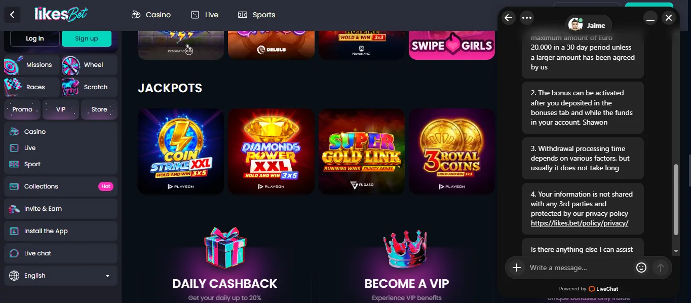 Screenshot of LikesBet's live chat support window