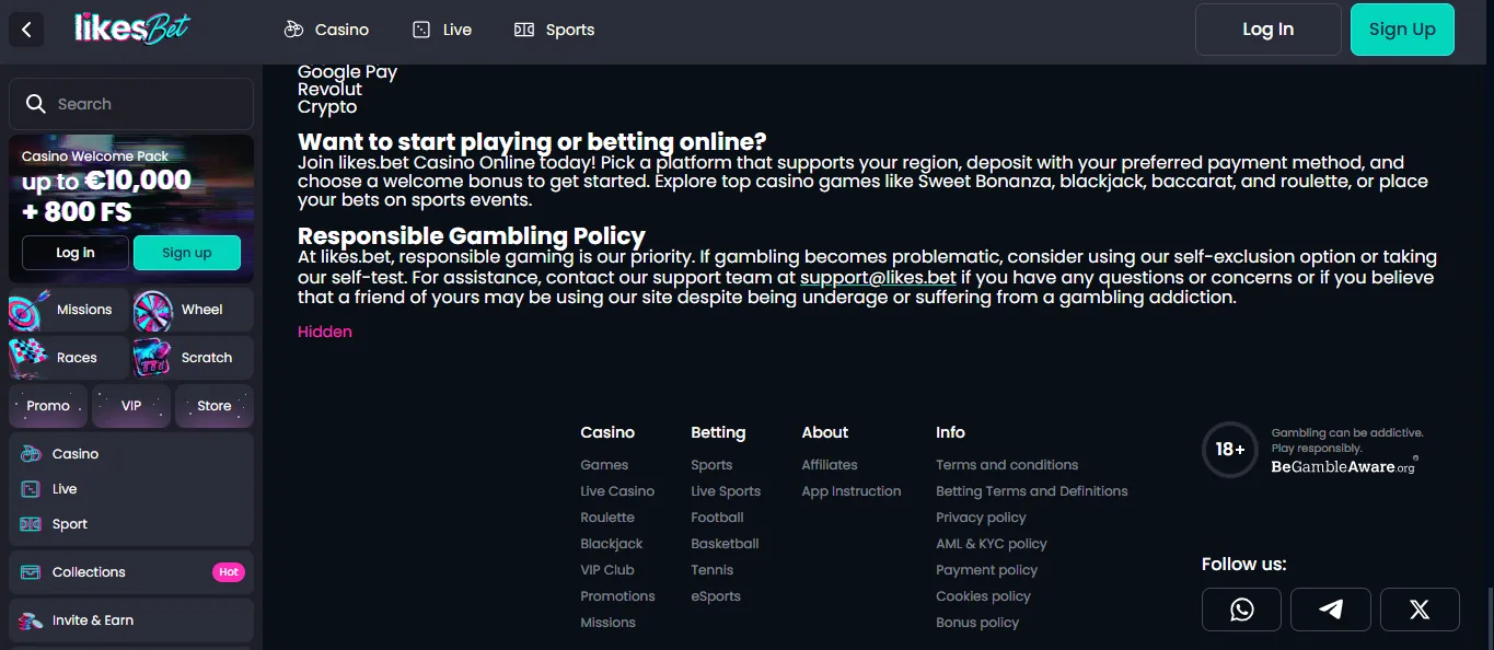 Screenshot of LikesBet's responsible-gambling tools