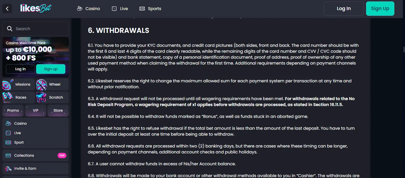 Screenshot of LikesBet's withdrawal section and limits
