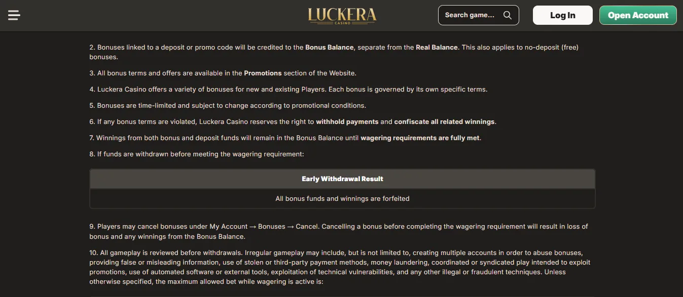 Screenshot of Luckera Casino's bonus terms and wagering requirements