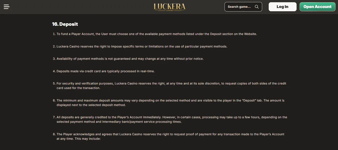 Screenshot of Luckera Casino's cashier and payment methods