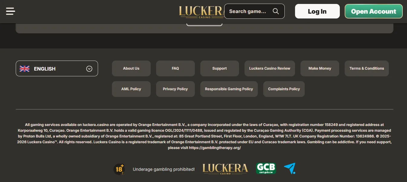 Screenshot of Luckera Casino's footer licence and regulator details