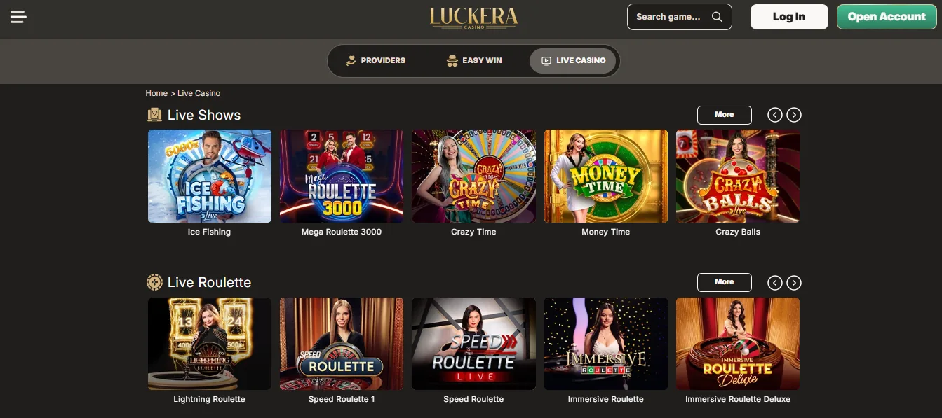 Screenshot of Luckera Casino's games lobby