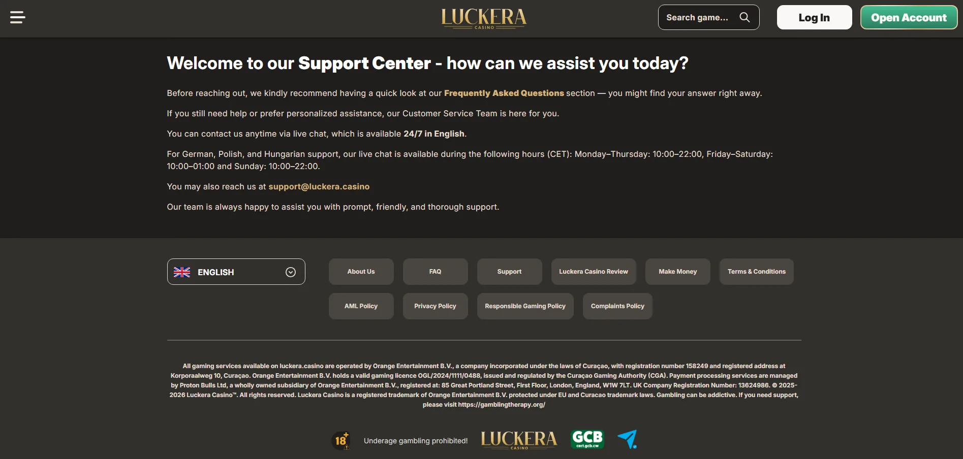 Screenshot of Luckera Casino's live chat support window