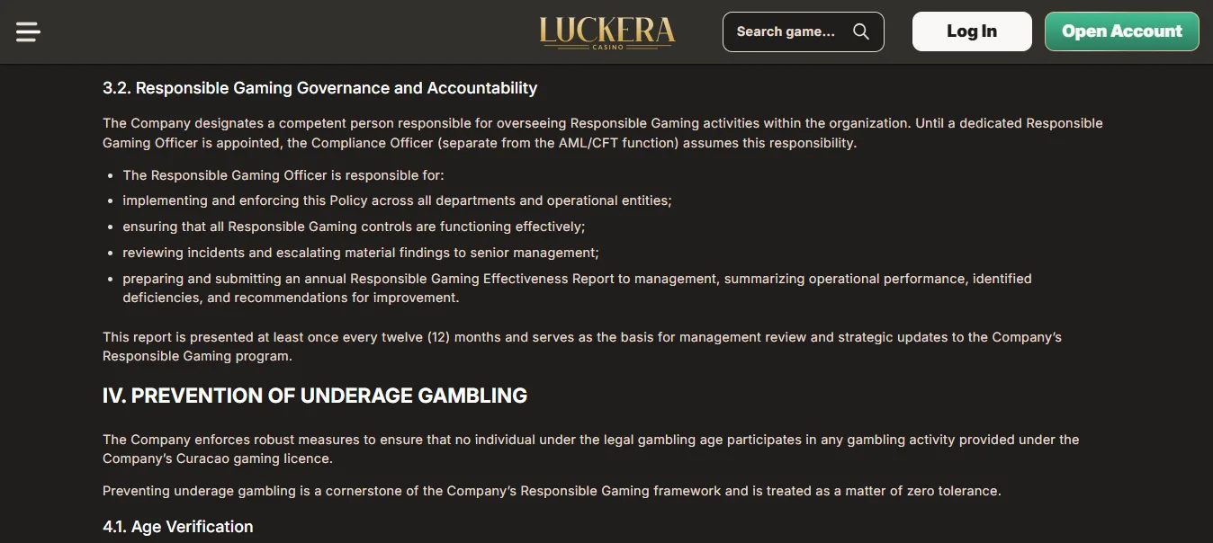Screenshot of Luckera Casino's responsible-gambling tools
