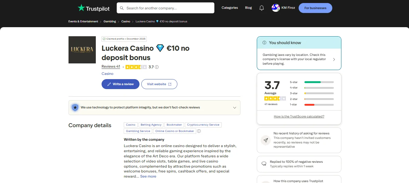 Screenshot of Luckera Casino's Trustpilot rating overview