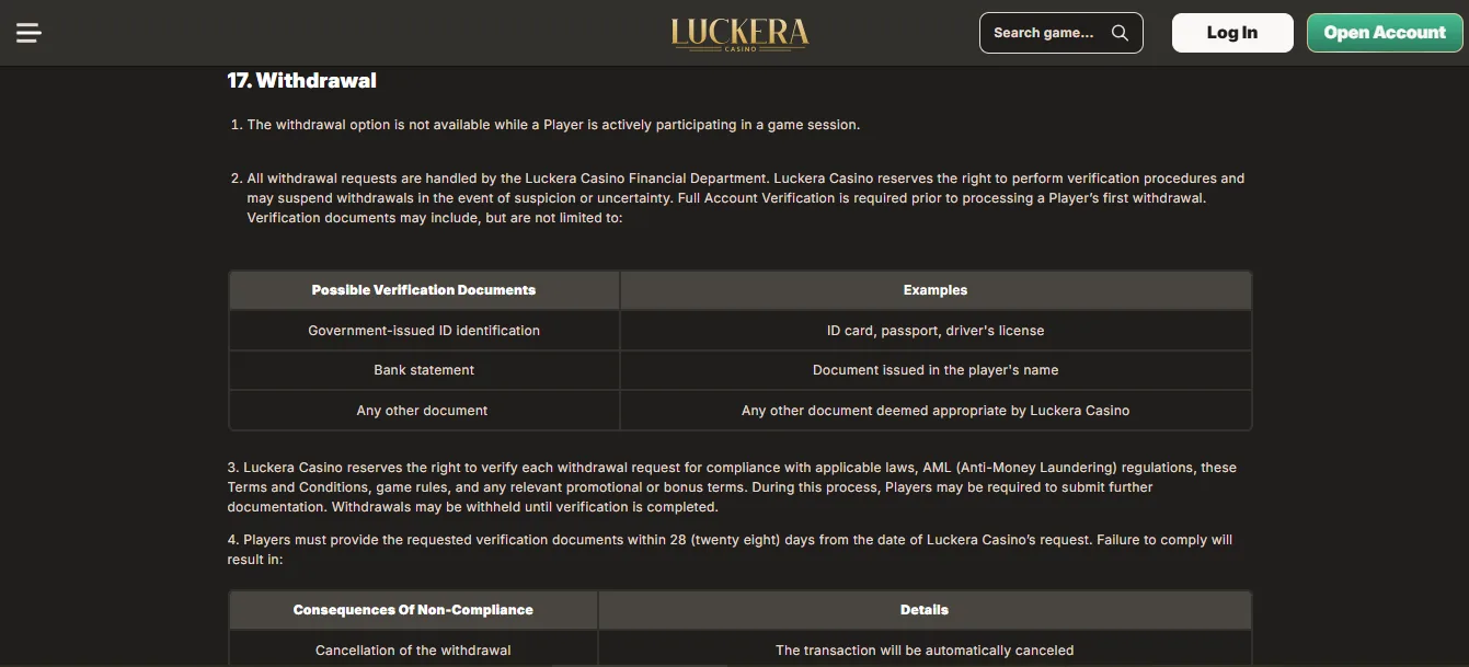 Screenshot of Luckera Casino's withdrawal section and limits