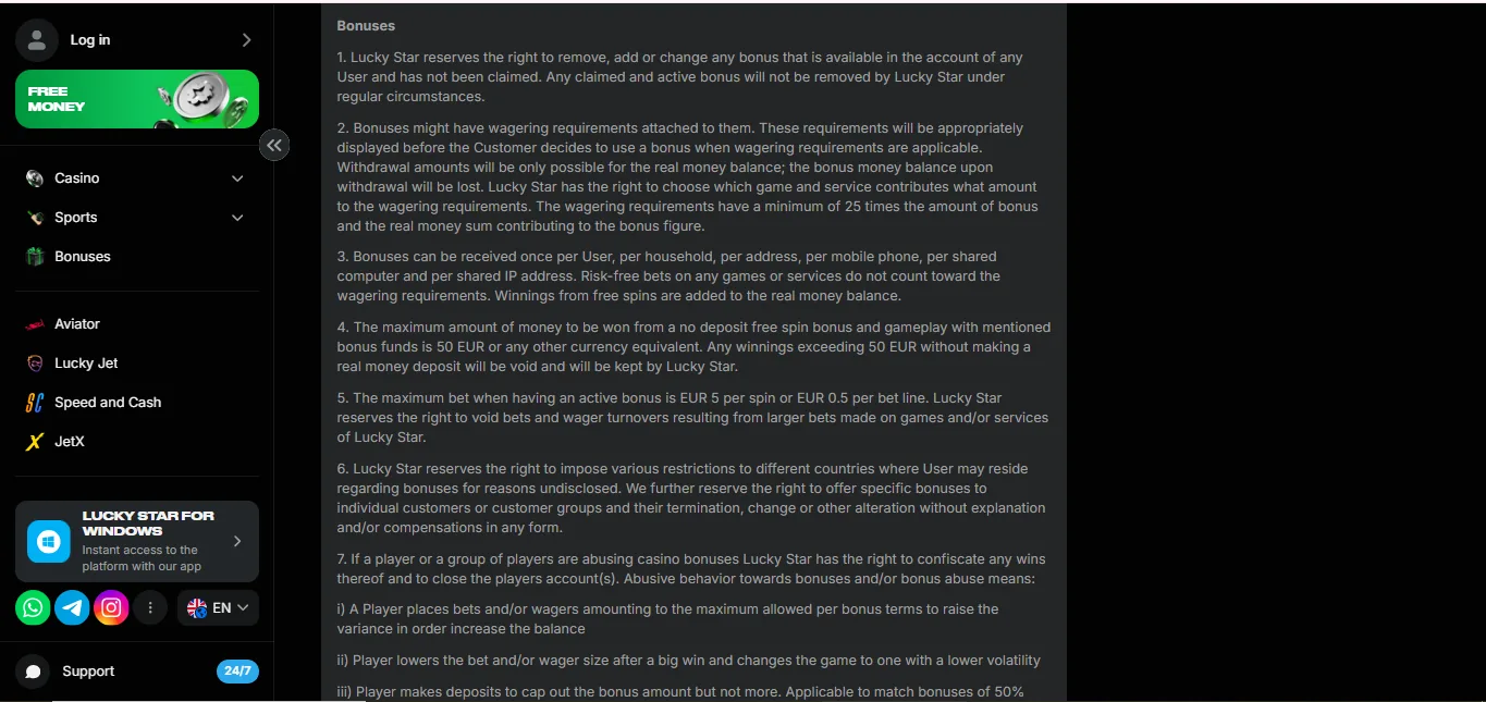 Screenshot of Lucky Star Casino's bonus terms and wagering requirements