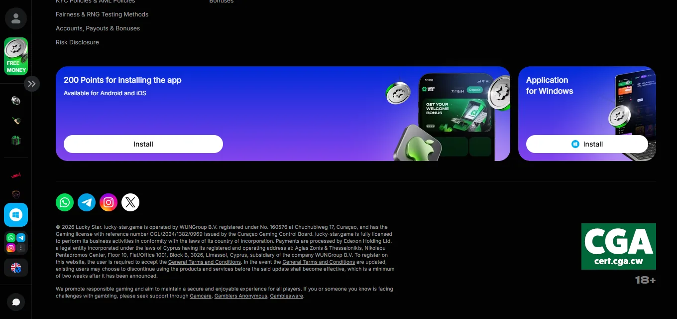Screenshot of Lucky Star Casino's footer licence and regulator details