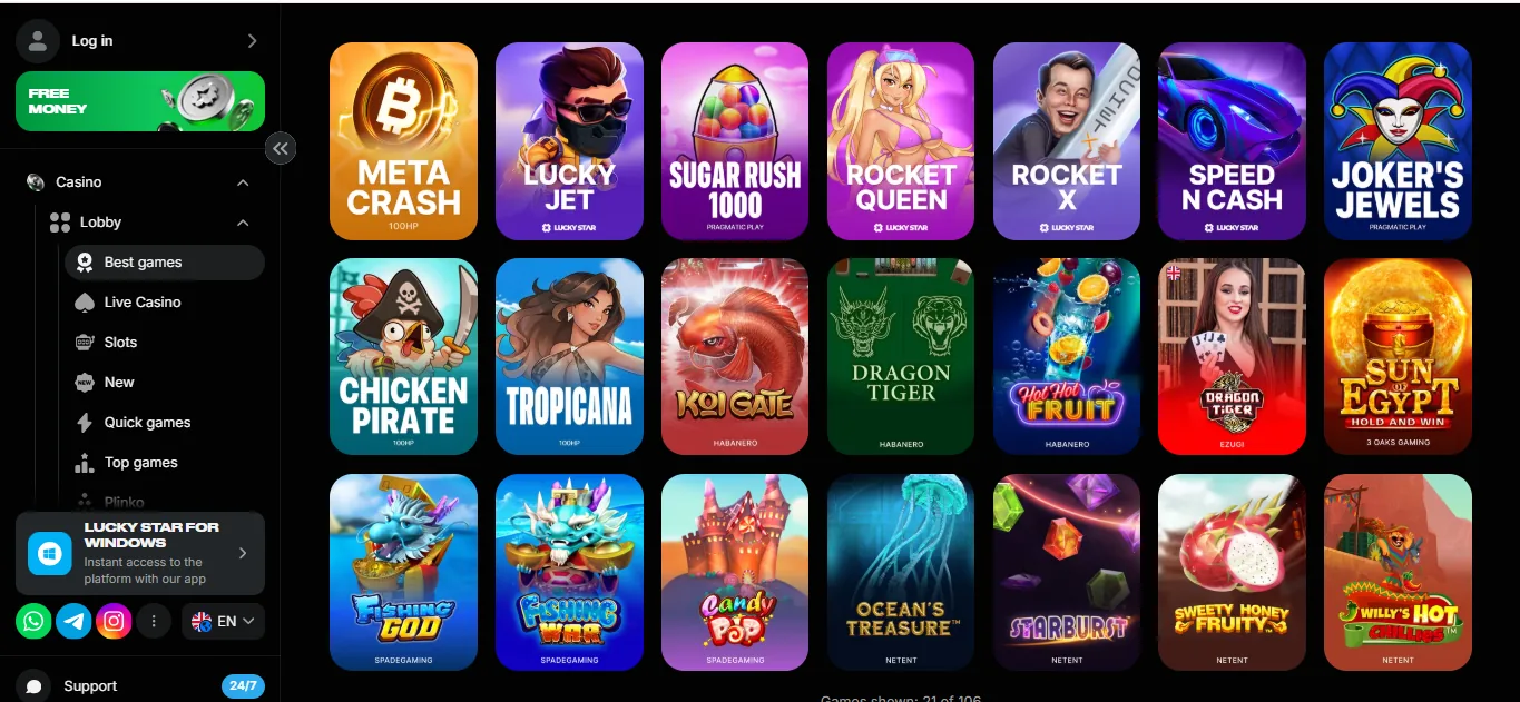 Screenshot of Lucky Star Casino's games lobby