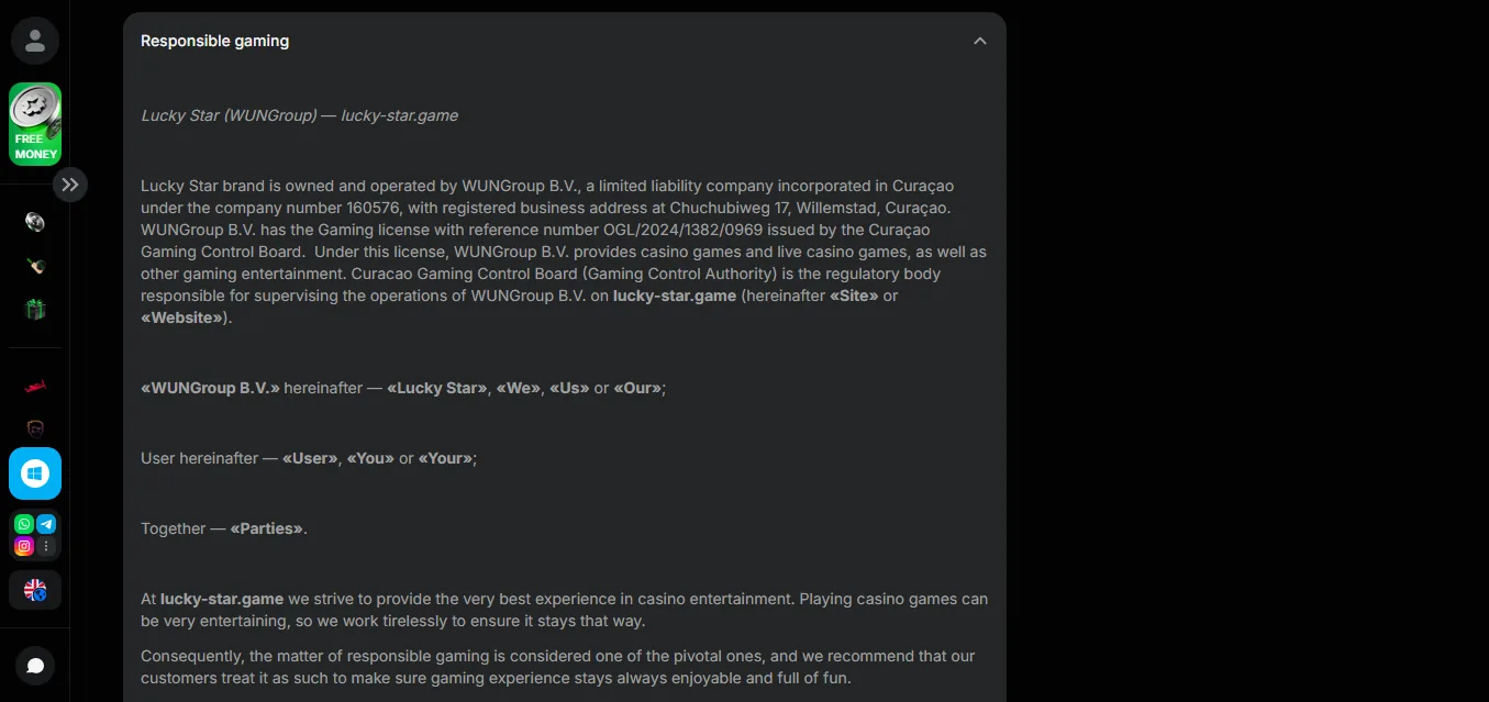 Screenshot of Lucky Star Casino's responsible-gambling tools
