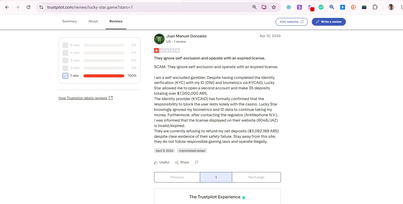 Screenshot of Lucky Star Casino's negative Trustpilot review