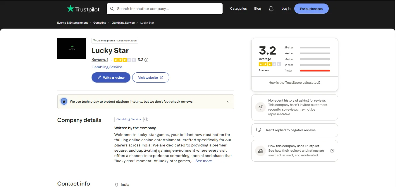 Screenshot of Lucky Star Casino's Trustpilot rating overview