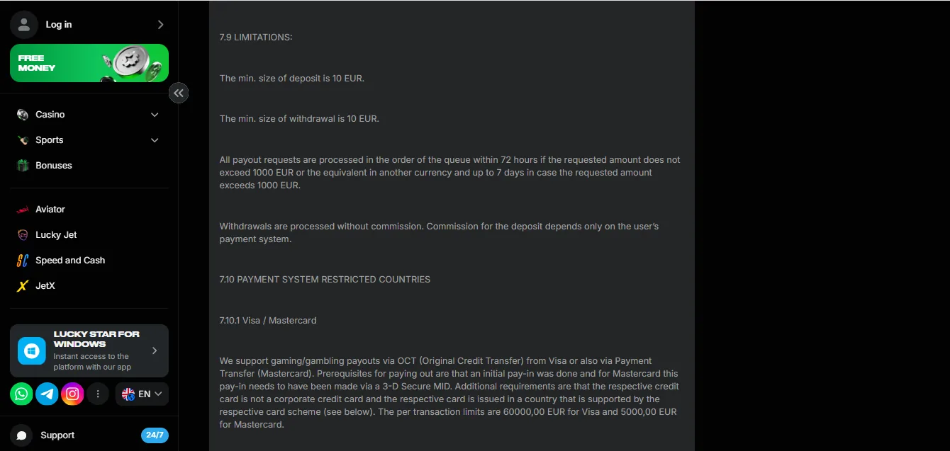 Screenshot of Lucky Star Casino's withdrawal section and limits