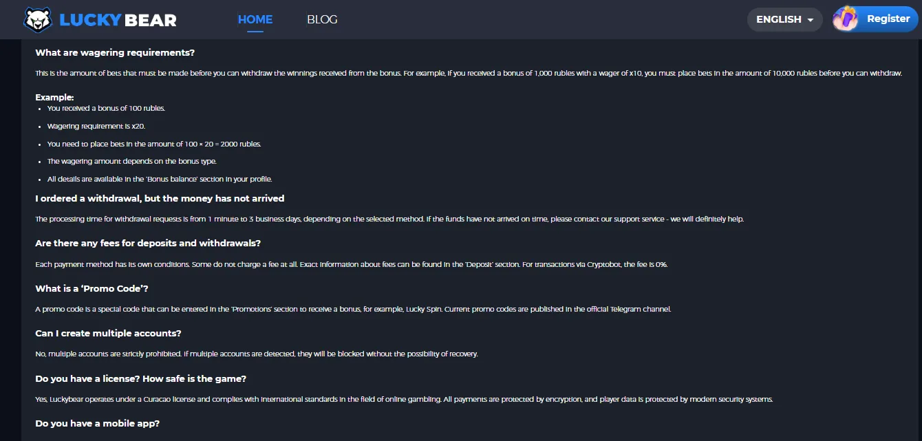 Screenshot of LuckyBear's bonus terms and wagering requirements
