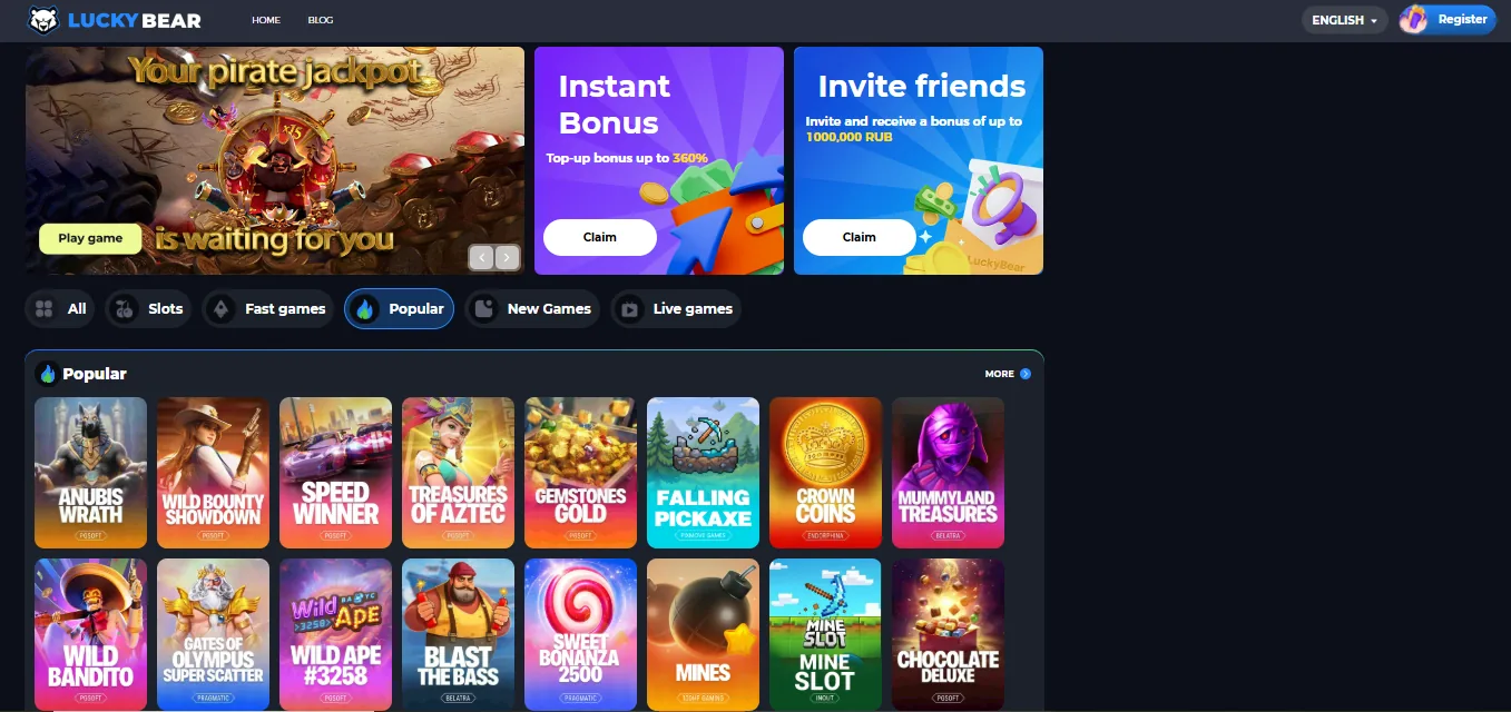 Screenshot of LuckyBear's games lobby