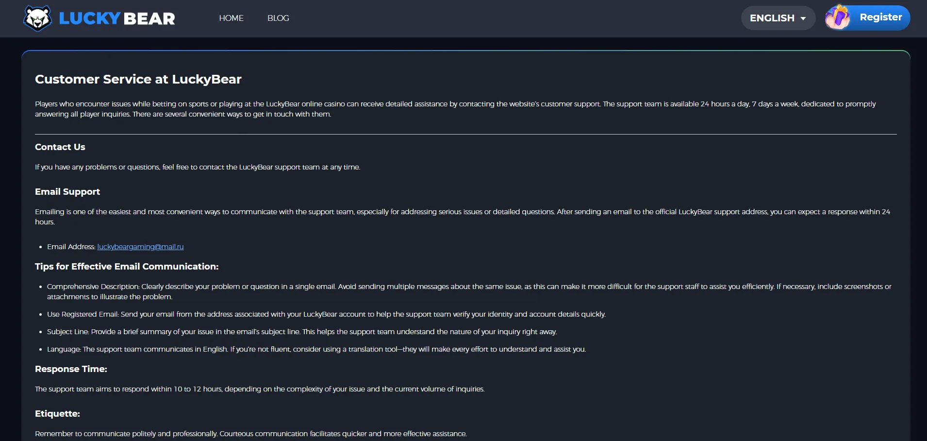 Screenshot of LuckyBear's live chat support window