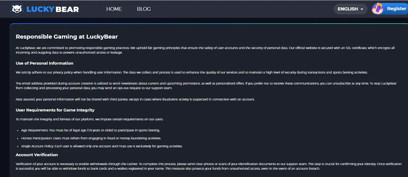 Screenshot of LuckyBear's responsible-gambling tools