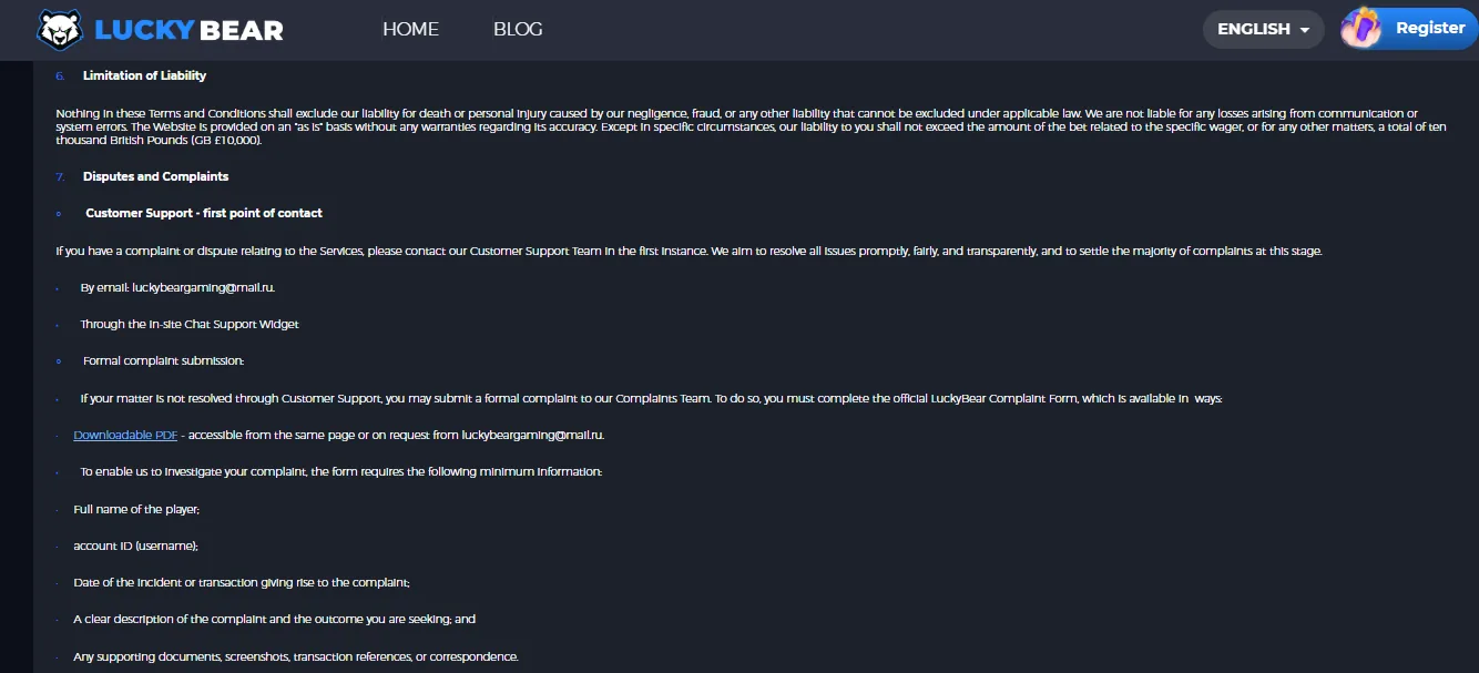Screenshot of LuckyBear's withdrawal section and limits