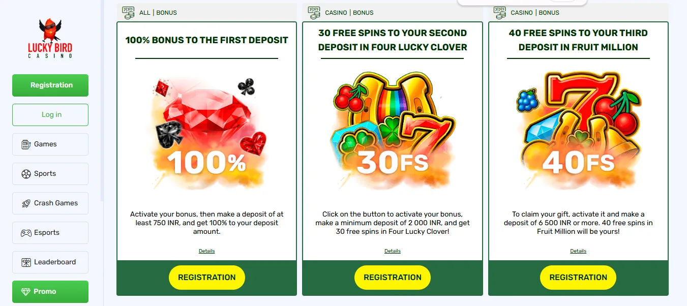 Screenshot of Lucky Bird Casino's welcome bonus offer