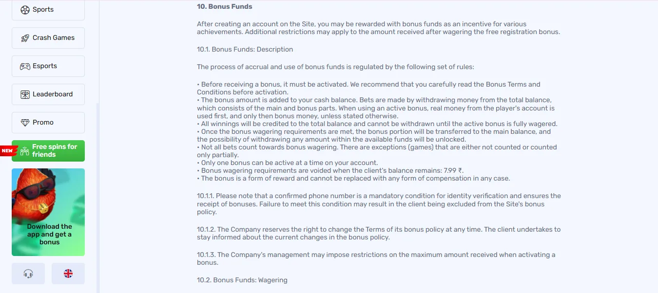 Screenshot of Lucky Bird Casino's bonus terms and wagering requirements