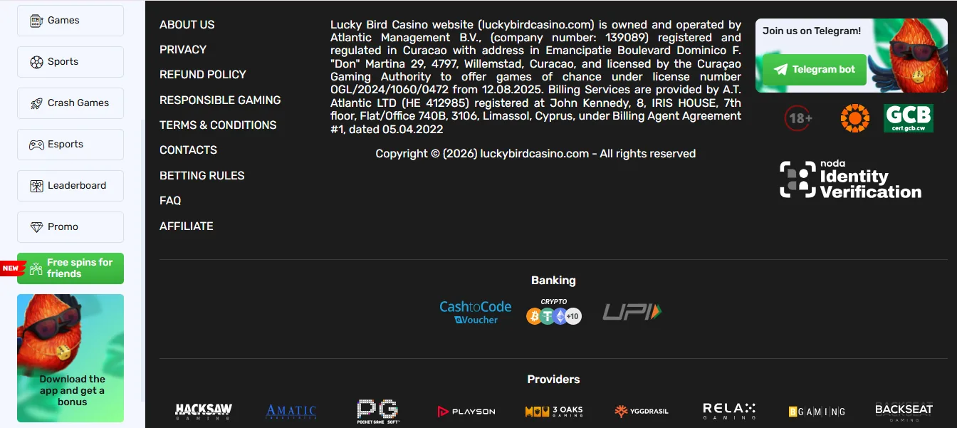 Screenshot of Lucky Bird Casino's footer licence and regulator details