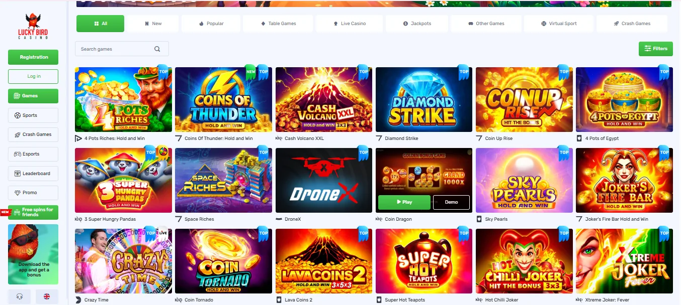 Screenshot of Lucky Bird Casino's games lobby