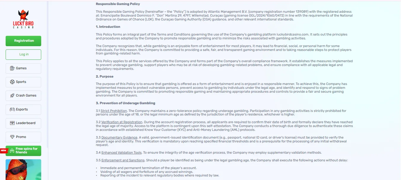 Screenshot of Lucky Bird Casino's responsible-gambling tools