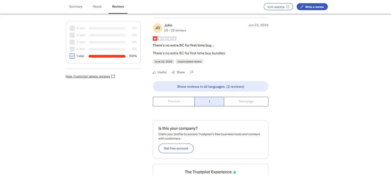 Screenshot of Lucky Bird Casino's negative Trustpilot review