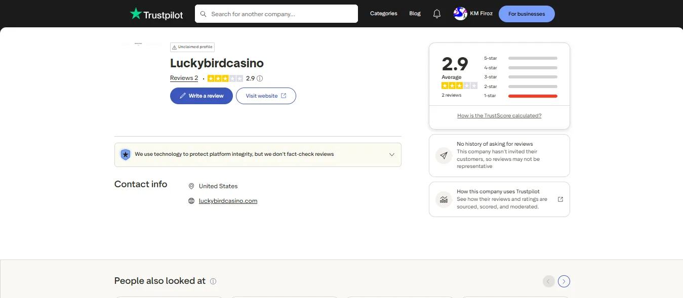 Screenshot of Lucky Bird Casino's Trustpilot rating overview