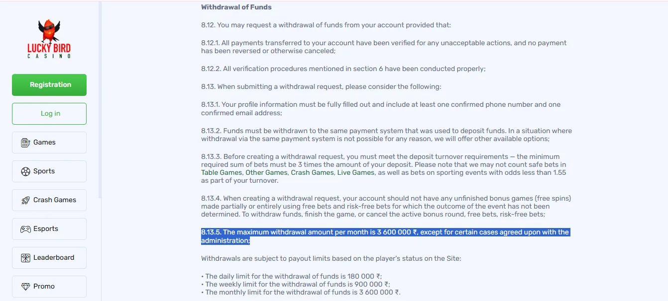 Screenshot of Lucky Bird Casino's withdrawal section and limits