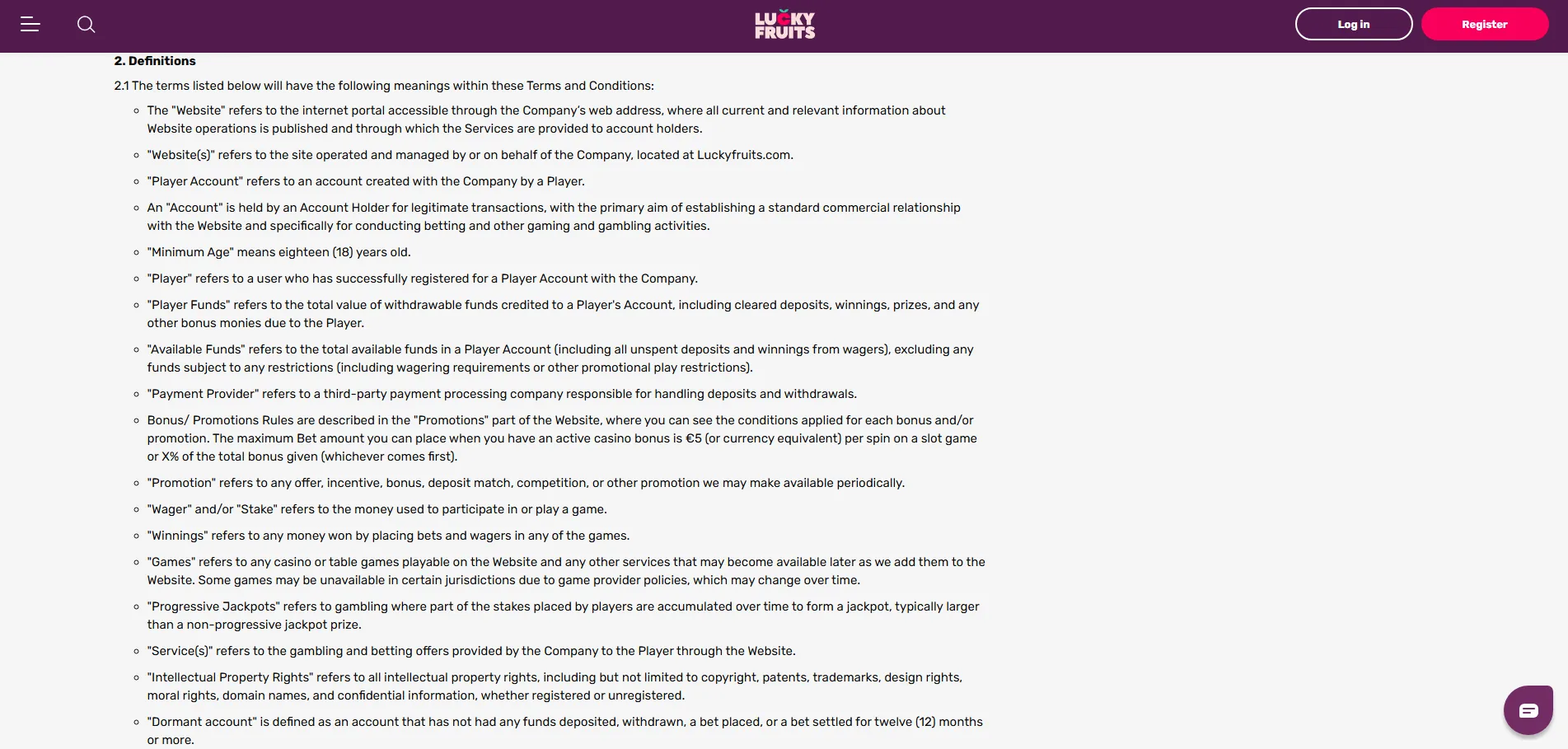 Screenshot of LuckyFruits's bonus terms and wagering requirements