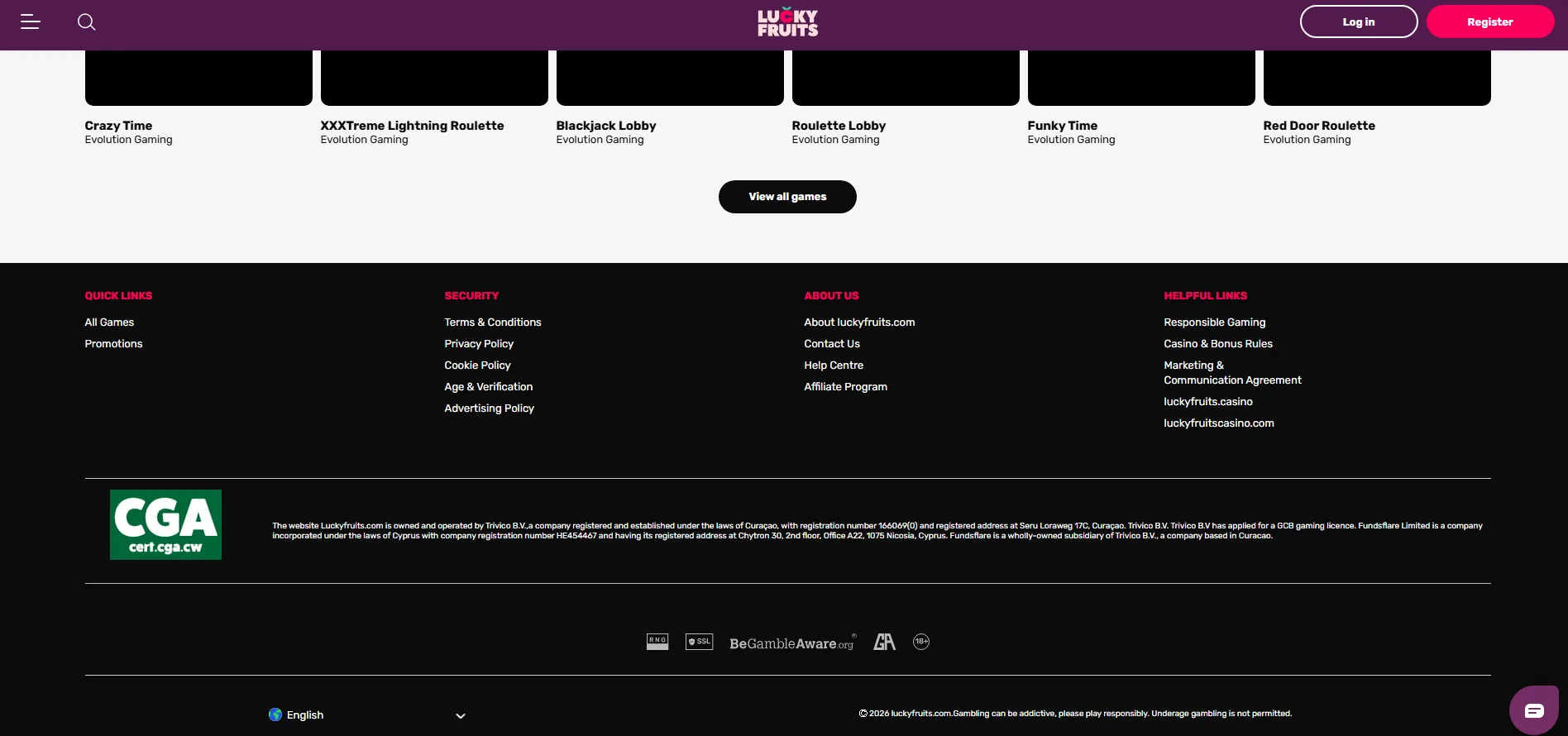 Screenshot of LuckyFruits's footer licence and regulator details
