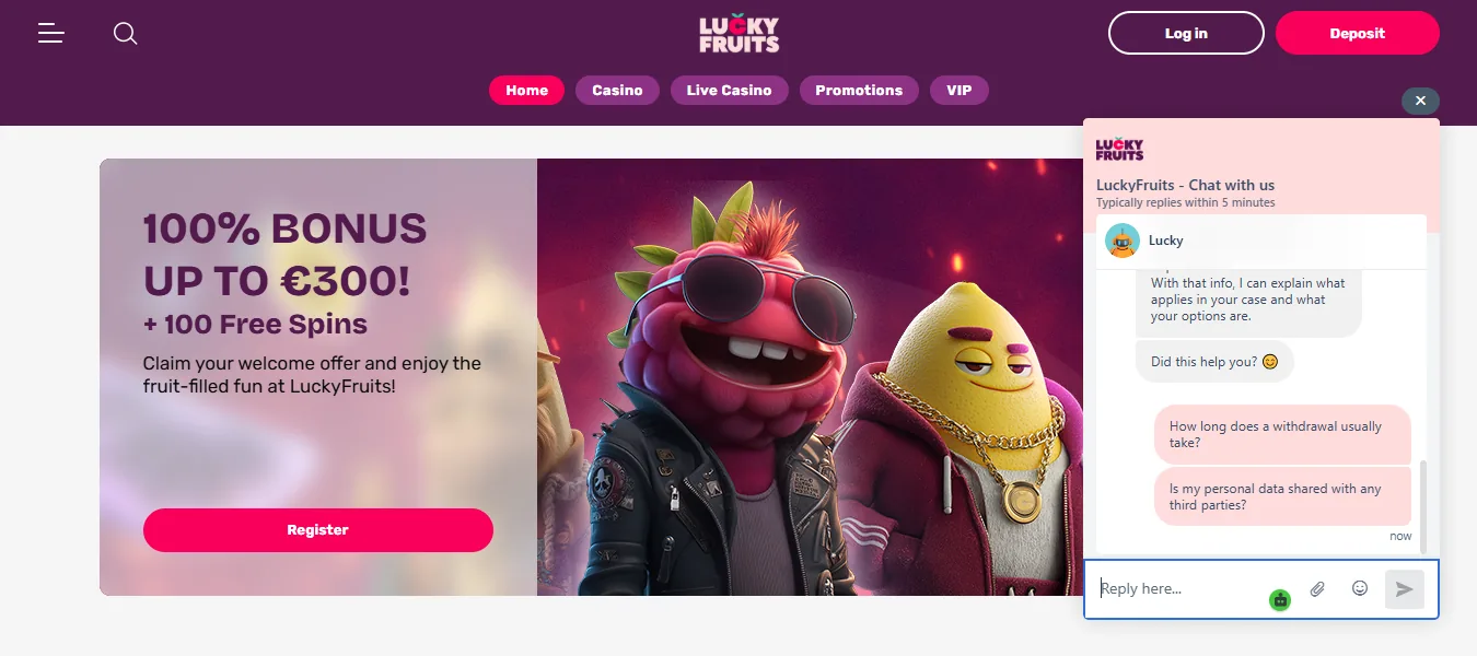 Screenshot of LuckyFruits's live chat support window
