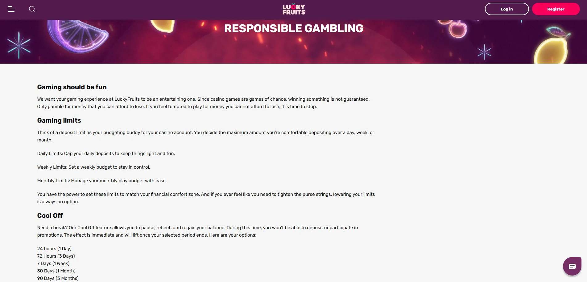 Screenshot of LuckyFruits's responsible-gambling tools