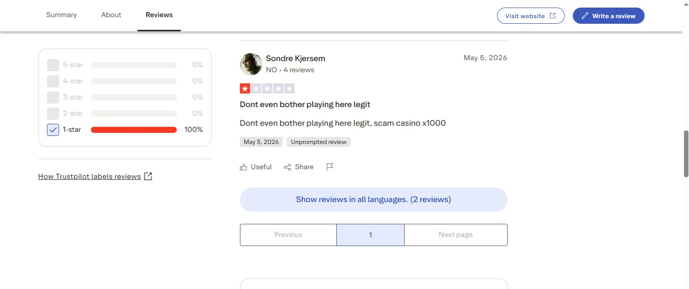 Screenshot of LuckyFruits's negative Trustpilot review