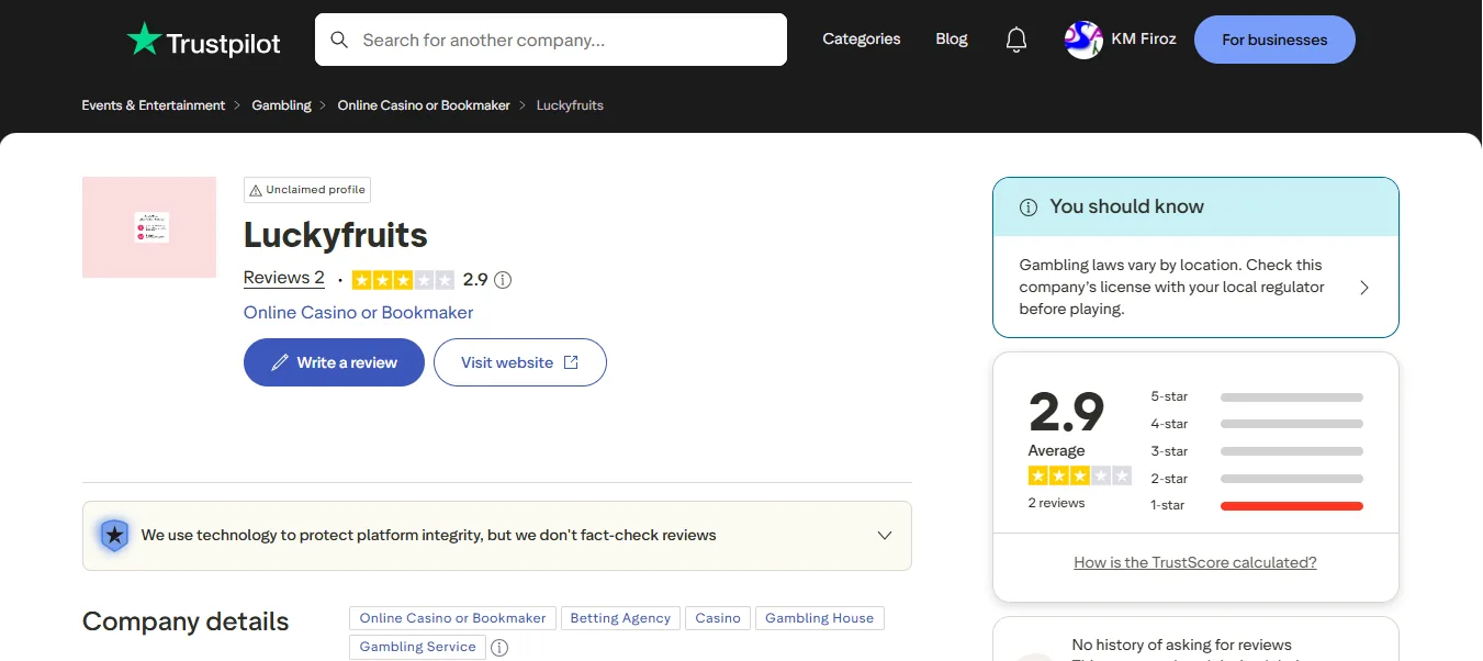 Screenshot of LuckyFruits's Trustpilot rating overview