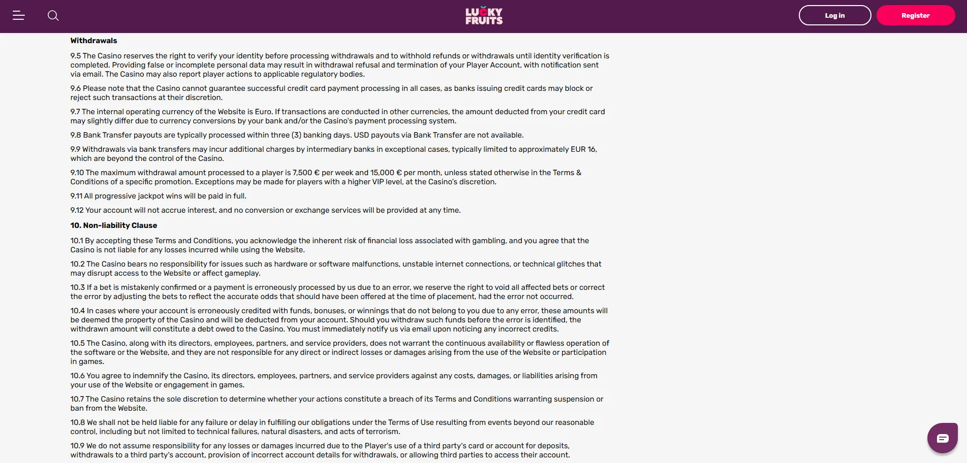 Screenshot of LuckyFruits's withdrawal section and limits