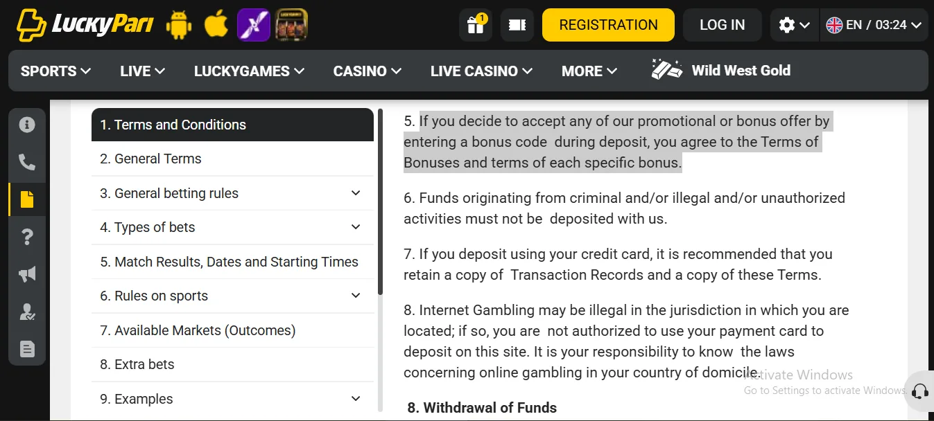 Screenshot of LuckyPari's bonus terms and wagering requirements
