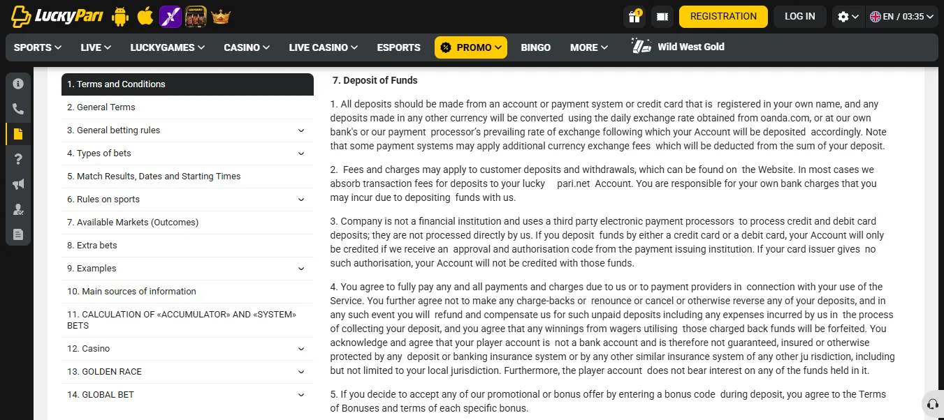 Screenshot of LuckyPari's cashier and payment methods