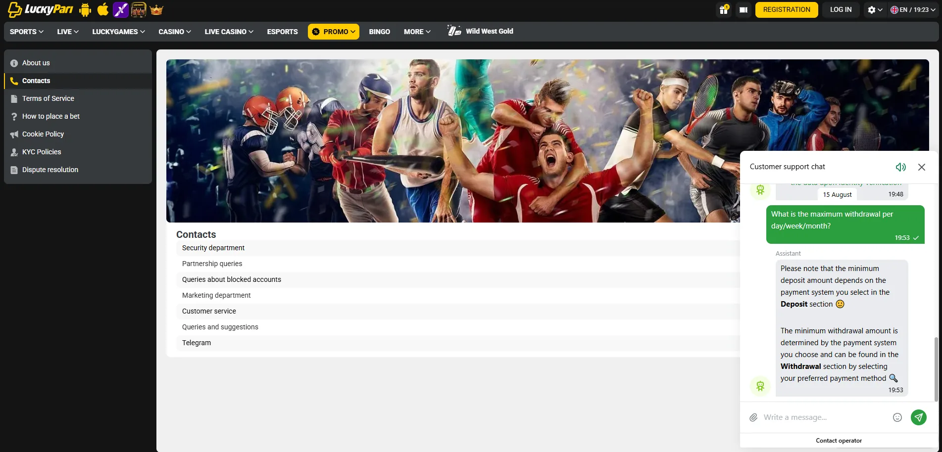 Screenshot of LuckyPari's live chat support window