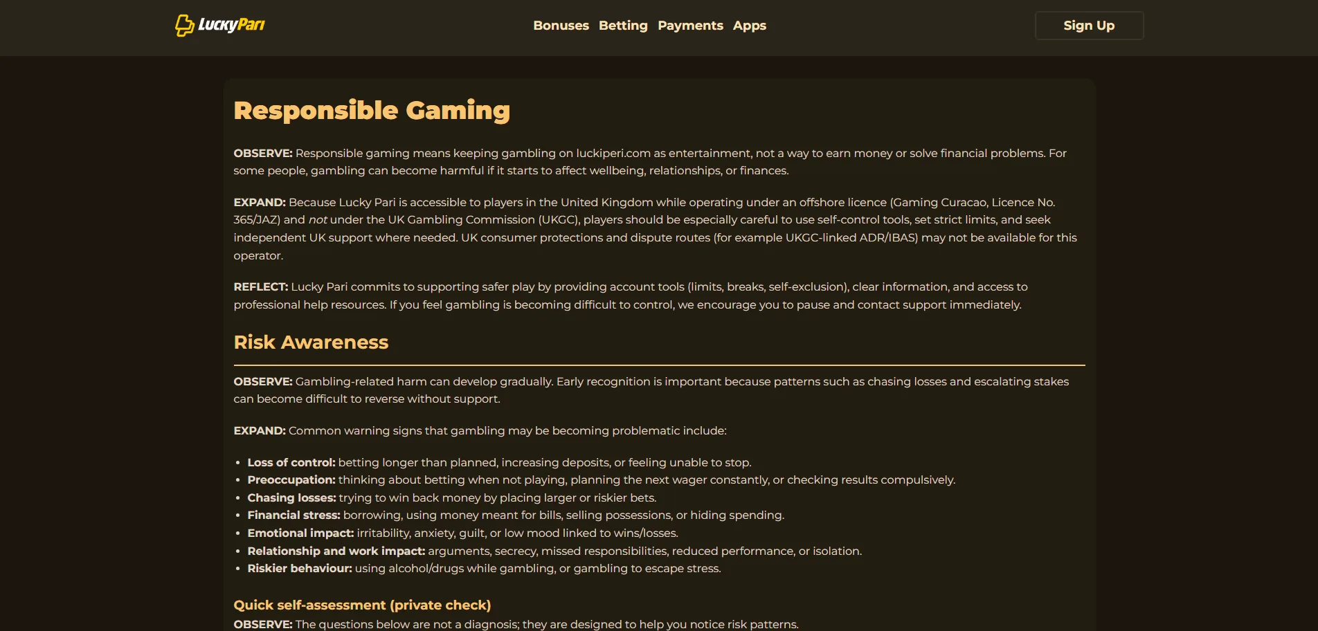 Screenshot of LuckyPari's responsible-gambling tools