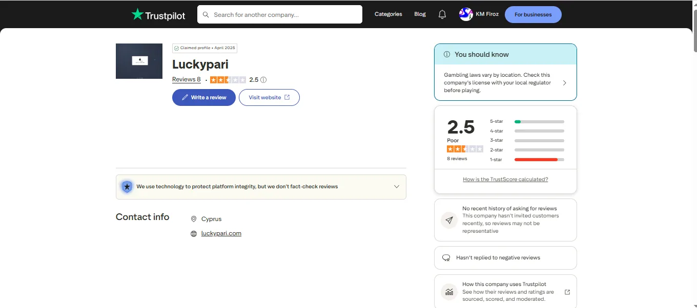 Screenshot of LuckyPari's Trustpilot rating overview