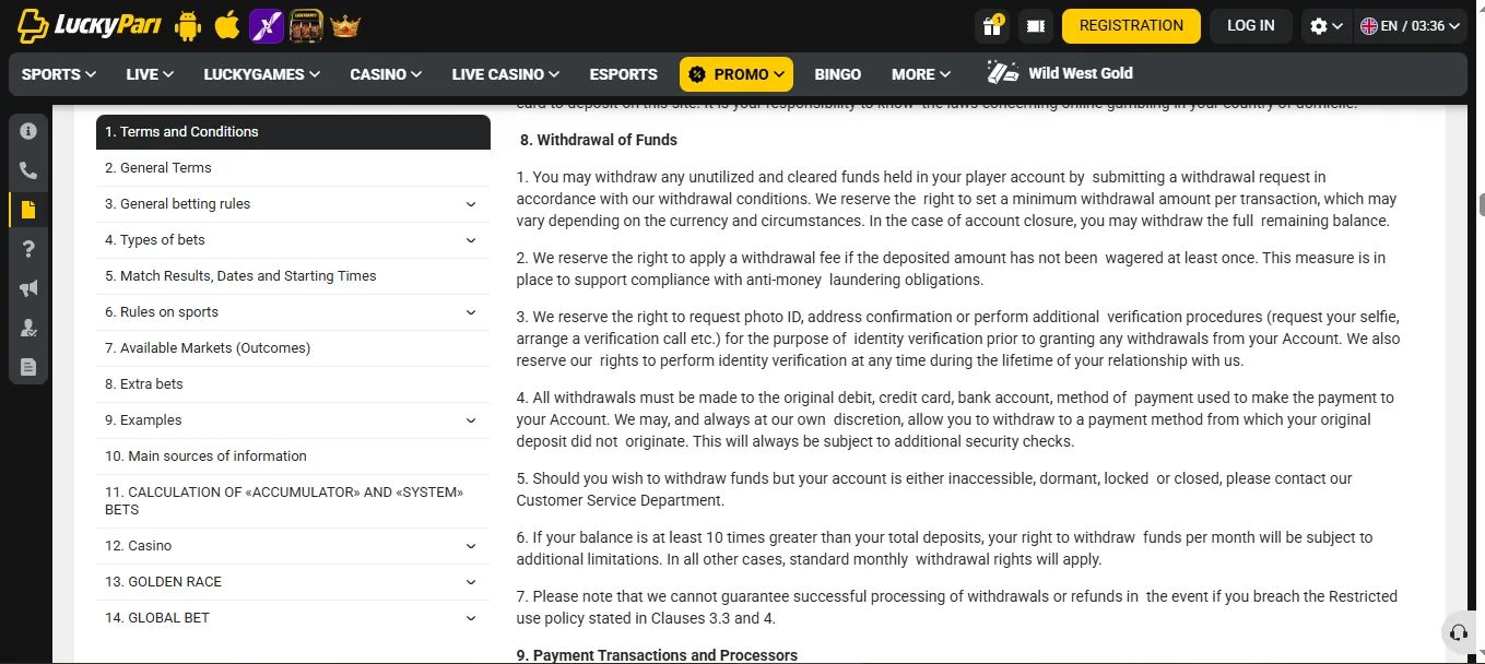 Screenshot of LuckyPari's withdrawal section and limits