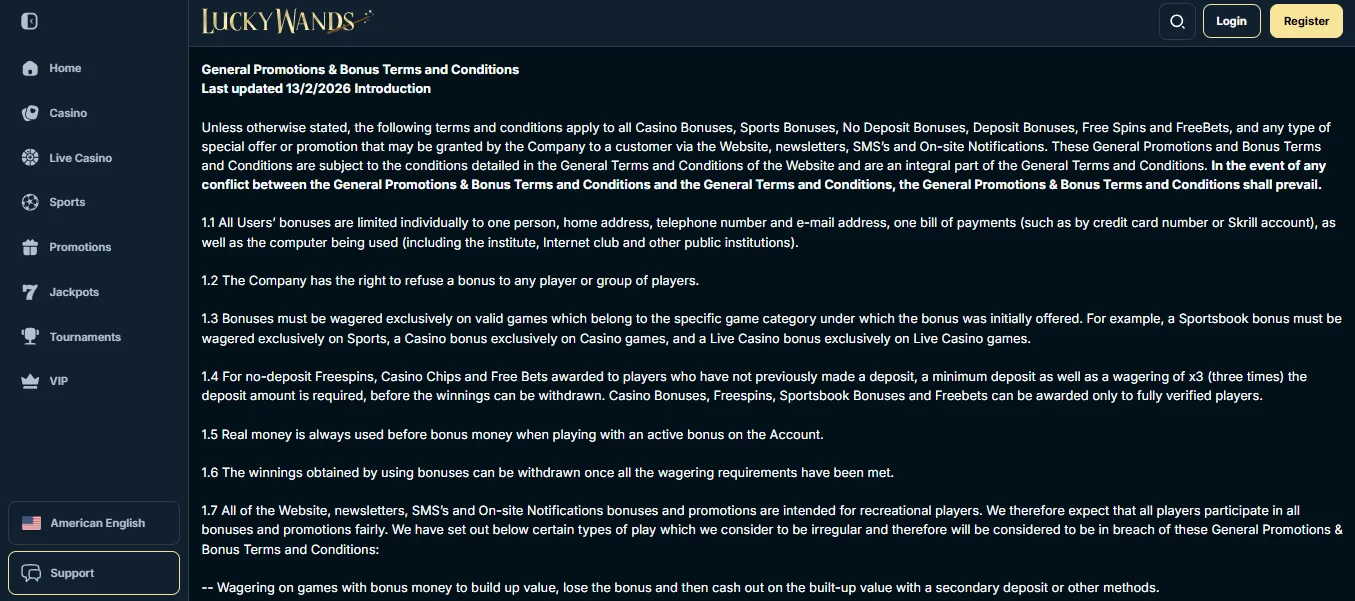 Screenshot of Luckywands's bonus terms and wagering requirements